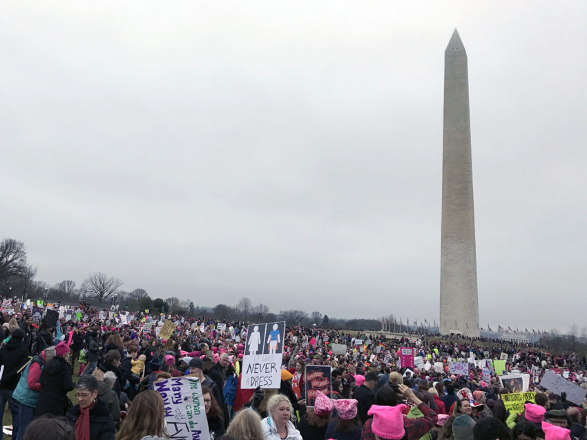 Washington Monument and Protesters