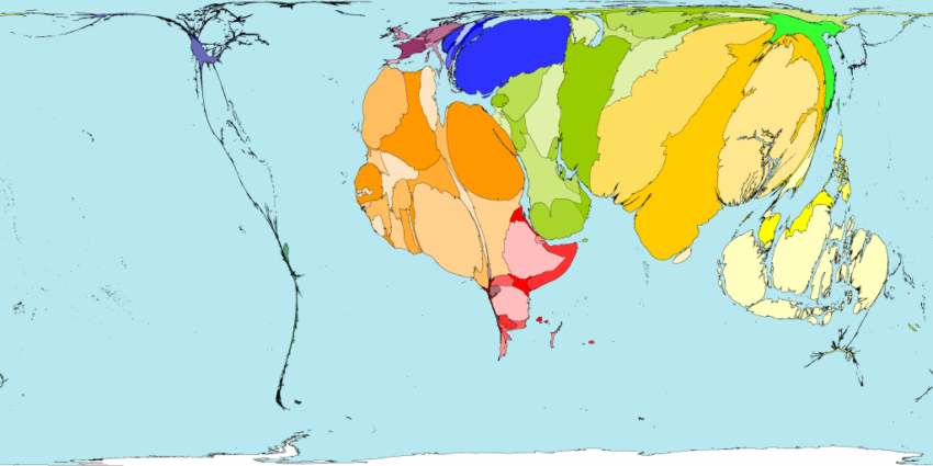 Territory size shows the proportion of the world's adherents to Islam living there.